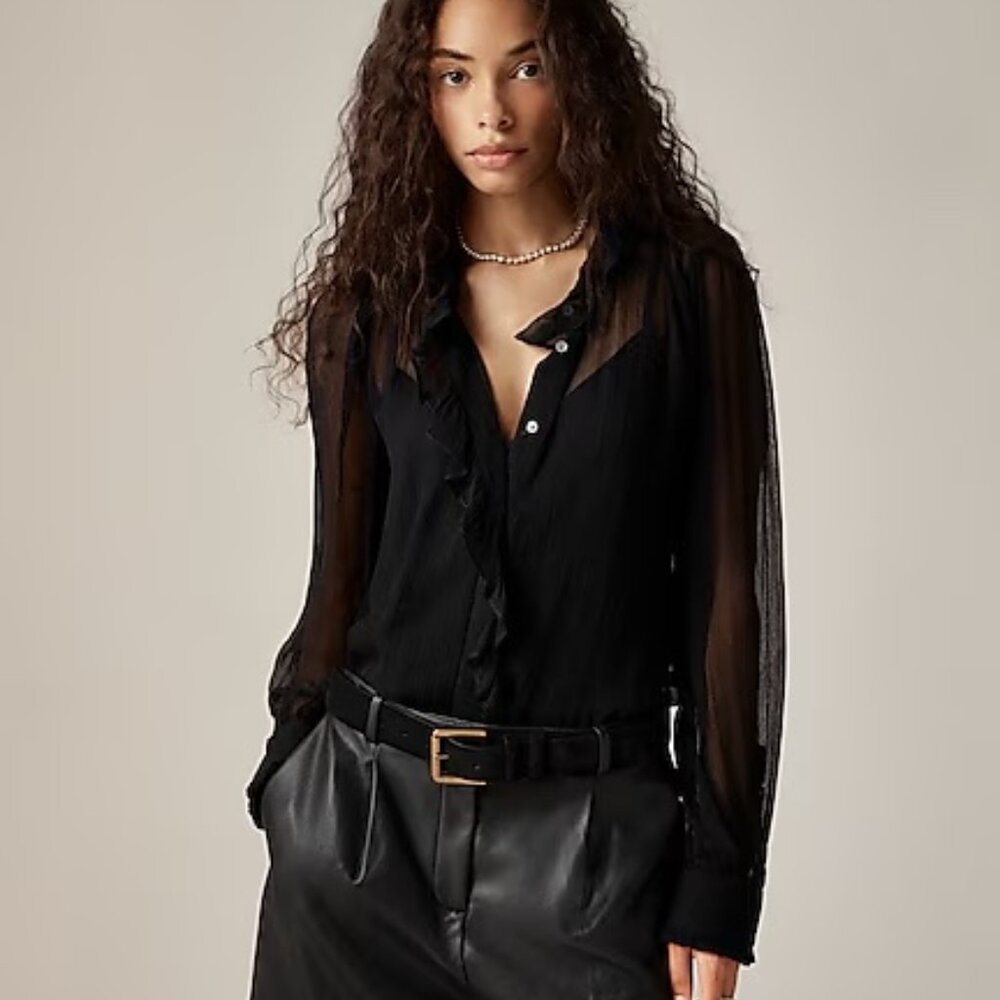 J. Crew Black Ruffle button-up shirt in crinkle chiffon - Size 0 - NWT